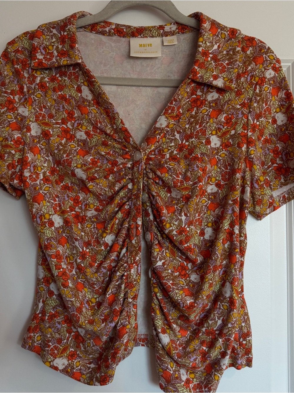 Anthropologie Maeve Orange and Brown Floral Button-Front Ruched Short Sleeve Top